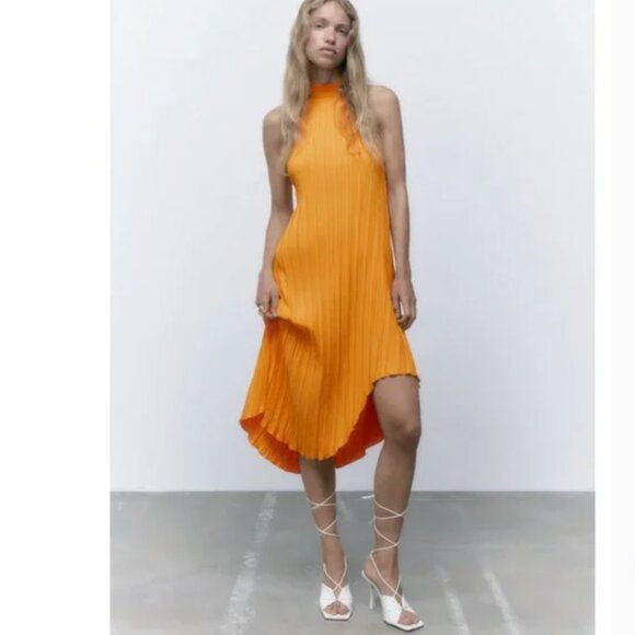 ZARA ORANGE PLEATED HALTER LOW BACK ASYMMETRIC MIDI DRESS Medium - Picture 8 of 12